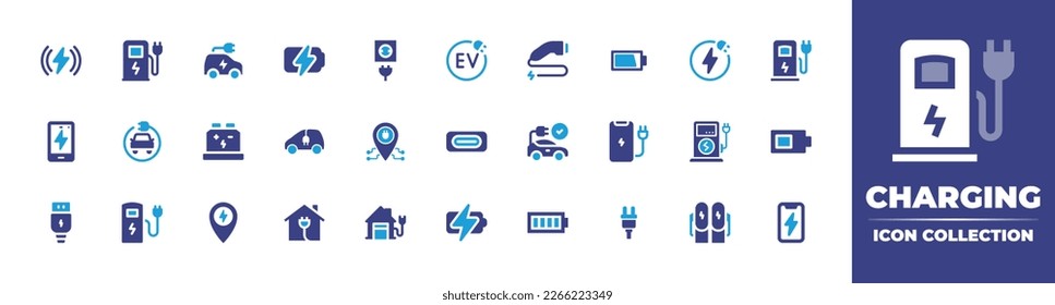 Charging icon collection. Duotone color. Vector illustration. Containing wireless charging, charging station, electric car, lighting, electric socket, ev, charging, battery status, electricity. - Shutterstock ID 2266223349