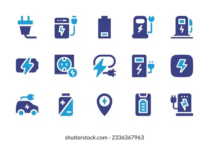 Charging icon collection. Duotone color. Vector illustration. Containing power plug, power bank, low battery, charging, electric station, lighting, socket, thunderbolt, electric car, charge, pin.