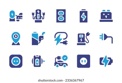 Sammlung von Symbolen wird geladen. Duotonfarbe. Vektorgrafik. Mit elektrischer Station, Ladestation, Sockel, Akku, Akku, Platzhalter, Stecker, Stecker, Wireless-Ladegerät.