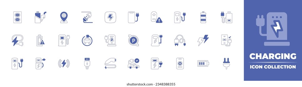 Charging icon collection. Duotone style line stroke and bold. Vector illustration. Containing socket, battery, placeholder, plug, thunderbolt, charging, low, level, electric, station, and more.