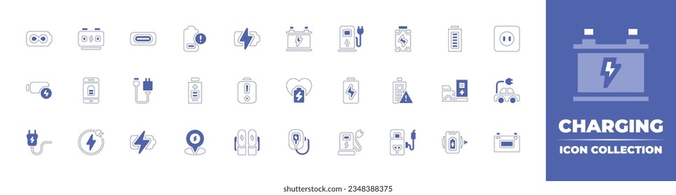 Charging icon collection. Duotone style line stroke and bold. Vector illustration. Containing infinity, battery, port, low, charge, car, electric, power, socket, charger, heart, charging, and more.