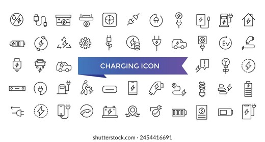 Charging icon collection. Related to charge, battery, energy, electricity, charger, recharge, electric car and charging station icons. Line icon set.