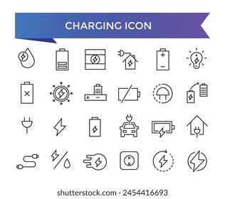 Charging icon collection. Related to charge, battery, energy, electricity, charger, recharge, electric car and charging station icons. Line icon set.