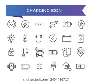 Charging icon collection. Related to charge, battery, energy, electricity, charger, recharge, electric car and charging station icons. Line icon set.