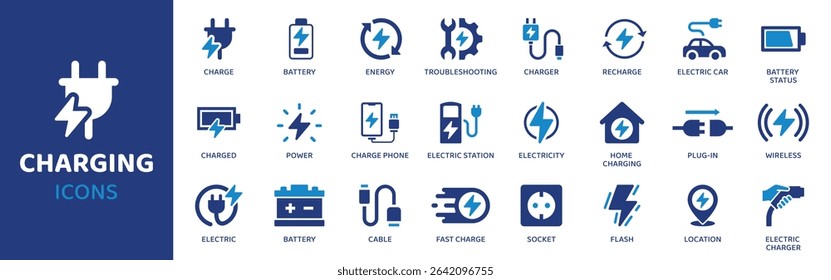 Charging - Icon Collection. Thin Line Set contains such Icons as Charging, Battery, Plug, Power, Cable, USB, Port and more. Simple web icons set.