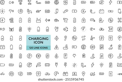 Charging icon collections. recharge, battery, energy, electricity, electric car and charging station icons. Editable Stroke icon collection, Outline icon. Vector illustration