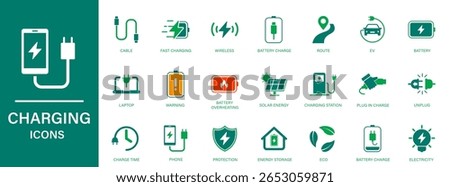 Charging icon. Containing fast charging, ev charging station, battery, electricity, charge time, phone, energy.