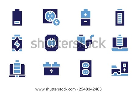 Charging icon set. Bold style. Duotone colors. low battery, socket, power, battery, computer, accumulator, charging station.