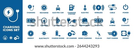 Charging icon set. charge, battery, energy, electricity, charger, recharge, electric car, charged, charge phone, ev charger, plug, charging station icons. Solid icon collection. Vector illustration.
