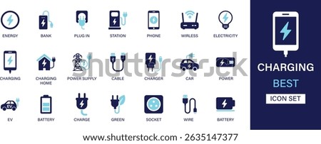 Charging icon set collection. Energy, bank, plug in, station, phone, wireless, electricity, charging home, power supple, cable, charger and best solid icon set.