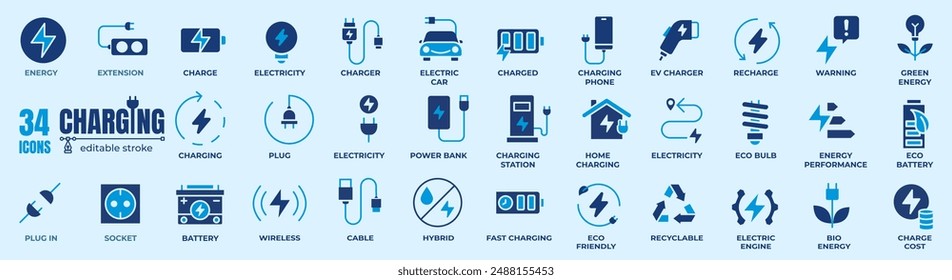 Charging icon set. Containing charge, battery, energy, electricity, charger, recharge, electric car and charging station icons.