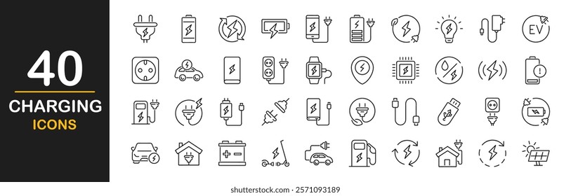 Charging icon set. Containing charge, battery, electric socket, energy, electricity, charger, recharge, electric car and charging station icons. Vector illustration