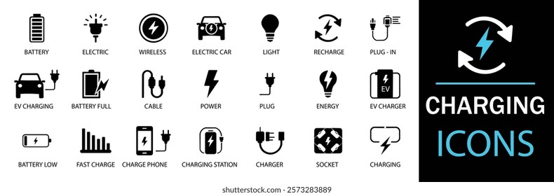 Charging icon set. Containing charge, battery, energy, electricity, charger, recharge, electric car and charging station icons. A well organized collection of adaptable solid vector icons