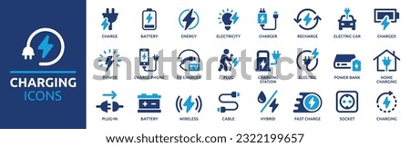 Charging icon set. Containing charge, battery, energy, electricity, charger, recharge, electric car and charging station icons. Solid icon collection. Vector illustration. Foto stock © 