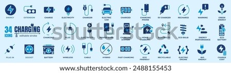 Charging icon set. Containing charge, battery, energy, electricity, charger, recharge, electric car and charging station icons.