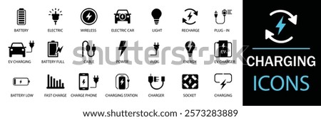 Charging icon set. Containing charge, battery, energy, electricity, charger, recharge, electric car and charging station icons. A well organized collection of adaptable solid vector icons
