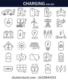 Charging icon set. Containing charger, battery, electric car icons. Editable stroke. Vector illustration. EPS 10.
