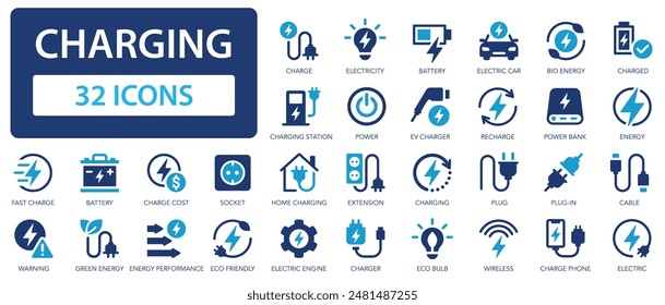 Charging icon set. Charging devices. Energy, charge, wireless charging, electric car, lighting.