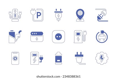 Charging icon set. Duotone style line stroke and bold. Vector illustration. Containing charging, station, power, placeholder, plug, battery, energy.