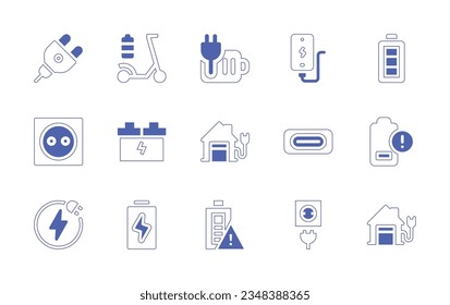 Charging icon set. Duotone style line stroke and bold. Vector illustration. Containing plug, electric, scooter, charged, charging, battery, socket, accumulator, station, usb, port, low, electricity.