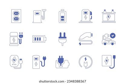 Juego de iconos de carga. Curso de línea de estilo duotónico y negrita. Ilustración vectorial. Con enchufe, energía, batería, electricidad, estación, coche, carga, enchufe, carga, banco de energía, alimentación.