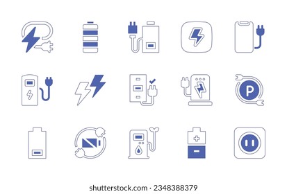 Charging icon set. Duotone style line stroke and bold. Vector illustration. Containing power, plug, battery, low, thunderbolt, charging, electric, station, lightning, phone, charger, parking, status.