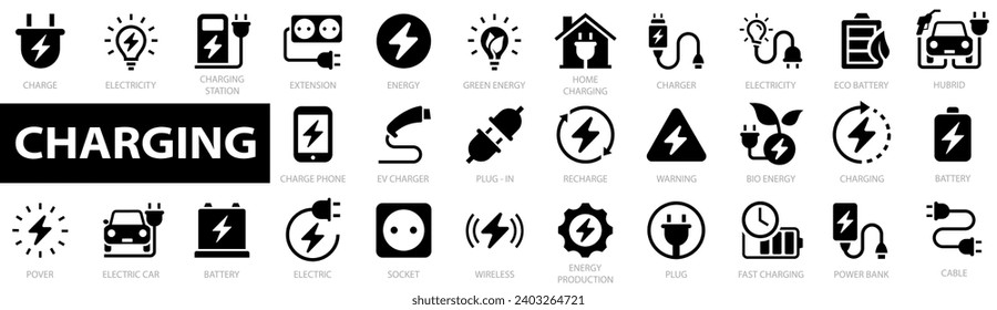 Charging icon set. Electricity icons. Battery, energy, electricity, charger, recharge, electric car, power bank, cable, green energy, charge and more. Power related icon. Vector illustration.