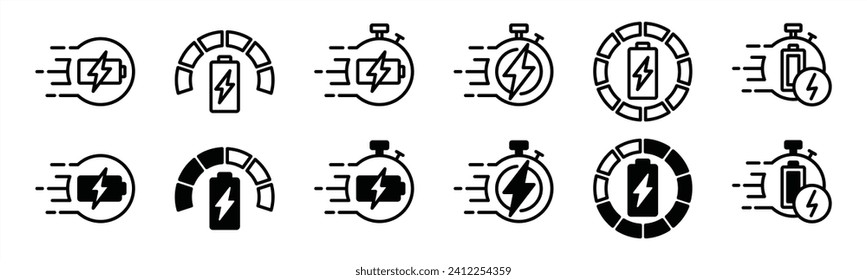 Charging icon set. Fast charger. Power energy charging speed. Battery charge, charger, recharge icons. Rechargeable battery and fast charging. Wireless charger. Vector illustration