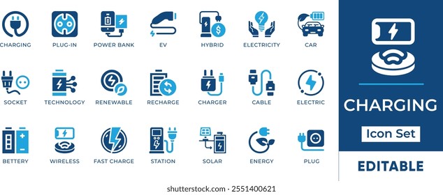 Charging Icon Set. Features editable icons for charging symbols, energy, electricity, solar power, batteries, and more. Perfect for tech, sustainability, and eco-friendly designs.