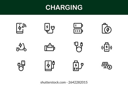 Charging Icon Set Featuring Clean Minimal Designs Perfect for Technology, Power, Battery, and Energy Projects with Vector Quality and Professional Appeal