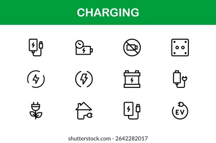 Charging Icon Set Featuring Clean Minimal Designs Perfect for Technology, Power, Battery, and Energy Projects with Vector Quality and Professional Appeal