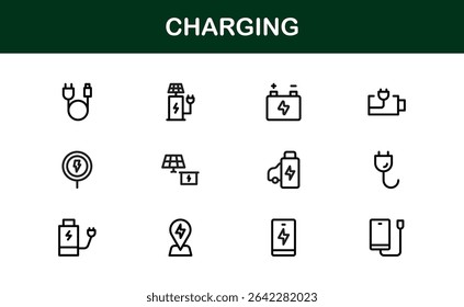 Conjunto de ícones de carregamento com projetos mínimos limpos e perfeitos para projetos de tecnologia, energia, bateria e energia com qualidade de vetor e apelo profissional
