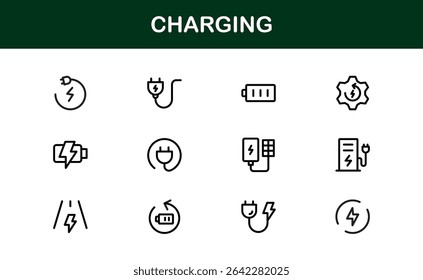 Charging Icon Set Featuring Clean Minimal Designs Perfect for Technology, Power, Battery, and Energy Projects with Vector Quality and Professional Appeal
