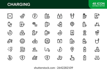 Charging Icon Set Featuring Clean Minimal Designs Perfect for Technology, Power, Battery, and Energy Projects with Vector Quality and Professional Appeal