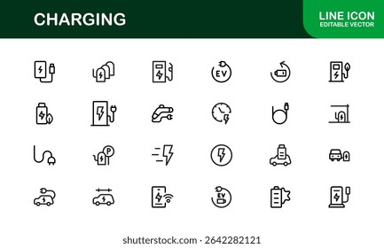 Charging Icon Set Featuring Clean Minimal Designs Perfect for Technology, Power, Battery, and Energy Projects with Vector Quality and Professional Appeal