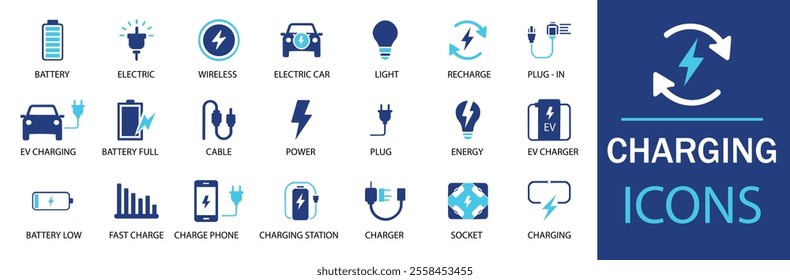 Charging icon set. Featuring detailed illustrations of charge, battery, energy, electricity, charger, recharge, electric car and charging station icons. Cohesive set of scalable vector icons.