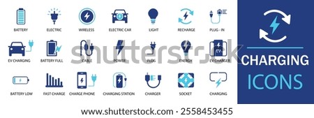 Charging icon set. Featuring detailed illustrations of charge, battery, energy, electricity, charger, recharge, electric car and charging station icons. Cohesive set of scalable vector icons.