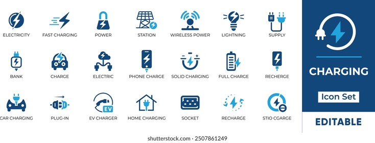 Charging icon set. Featuring various charging methods and devices. Ideal for technology, electric vehicles, and renewable energy projects. Editable vector graphics for customization.