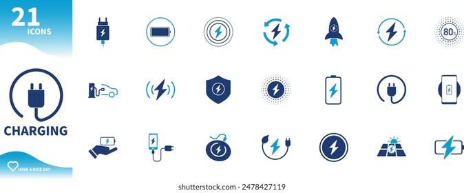 Icono de carga. Conjunto de iconos para cargadores, adaptadores, teléfonos, vehículos eléctricos, estaciones de carga, carga inalámbrica, carga rápida,...