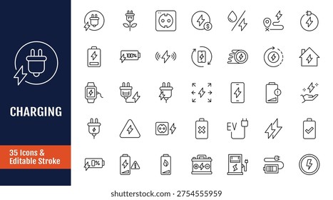 Charging icon set. Includes charge, battery, energy, electricity, charger, recharge, electric car and charging station. Outline icon with Editable stroke. Vector illustration