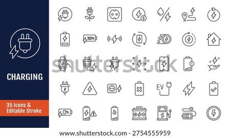 Charging icon set. Includes charge, battery, energy, electricity, charger, recharge, electric car and charging station. Outline icon with Editable stroke. Vector illustration