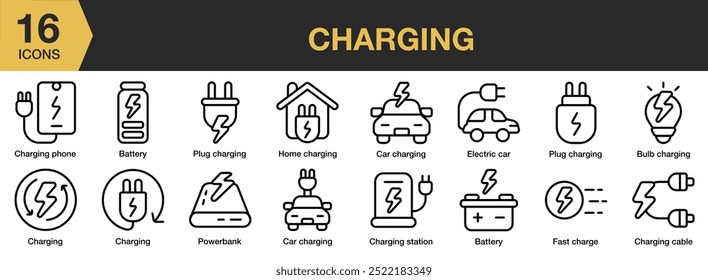 Charging icon set. Includes charging station, electric car, plug, fast, powerbank, and More. Outline icons vector collection.