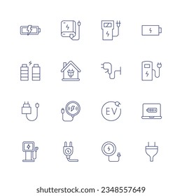 Juego de iconos de carga. Icono de línea delgada. Trazo editable. Con batería, banco de energía, estación de carga, carga, batería, hogar inteligente, carga eléctrica, estación eléctrica, cargador.