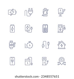 Juego de iconos de carga. Icono de línea delgada. Trazo editable. Con batería, enchufe, estación de carga, powerbank, nivel de batería, estación eléctrica, coche, cronómetro, cargador, hogar inteligente, carga, banco de energía.