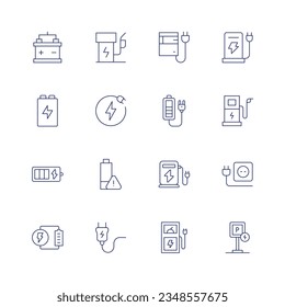 Charging icon set. Thin line icon. Editable stroke. Containing accumulator, eco fuel, battery, charging station, electricity, battery charge, electric charge, low battery, charger, socket, charging.