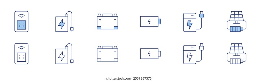 Conjunto de iconos de carga en dos estilos, Duotone y estilo de línea fina. Trazo editable. enchufe, carga, banco de energía, energía solar, batería de coche.