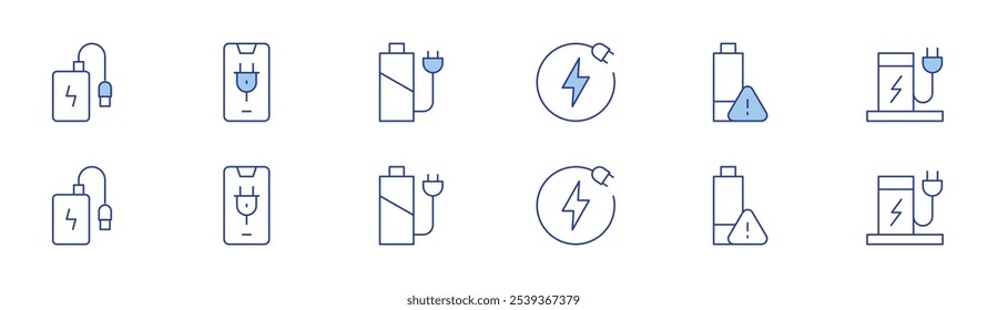 Conjunto de iconos de carga en dos estilos, Duotone y estilo de línea fina. Electricidad, batería baja, Recargo eléctrico, banco de energía, carga, nivel de la batería.