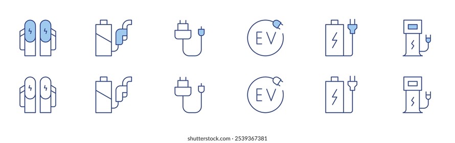 Charging icon set in two styles, Duotone and Thin Line style. Editable stroke. ev, electric station, charging, battery, charger, charging station.