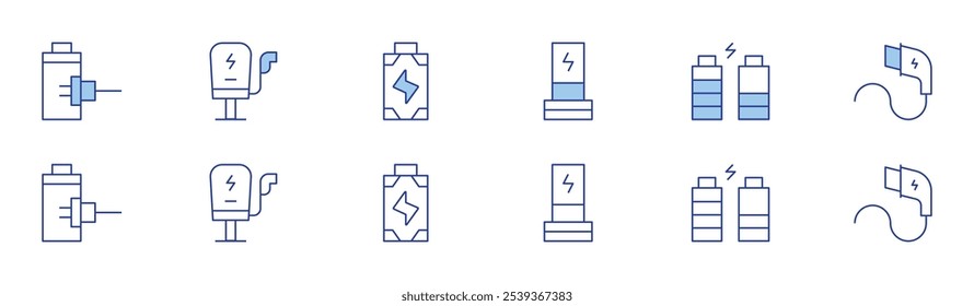 Charging icon set in two styles, Duotone and Thin Line style. Editable stroke. charging, wireless charger, battery charge, charger, charging station, battery.