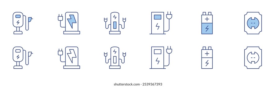 Charging icon set in two styles, Duotone and Thin Line style. Editable stroke. electric station, battery level, charging station, charger, socket.